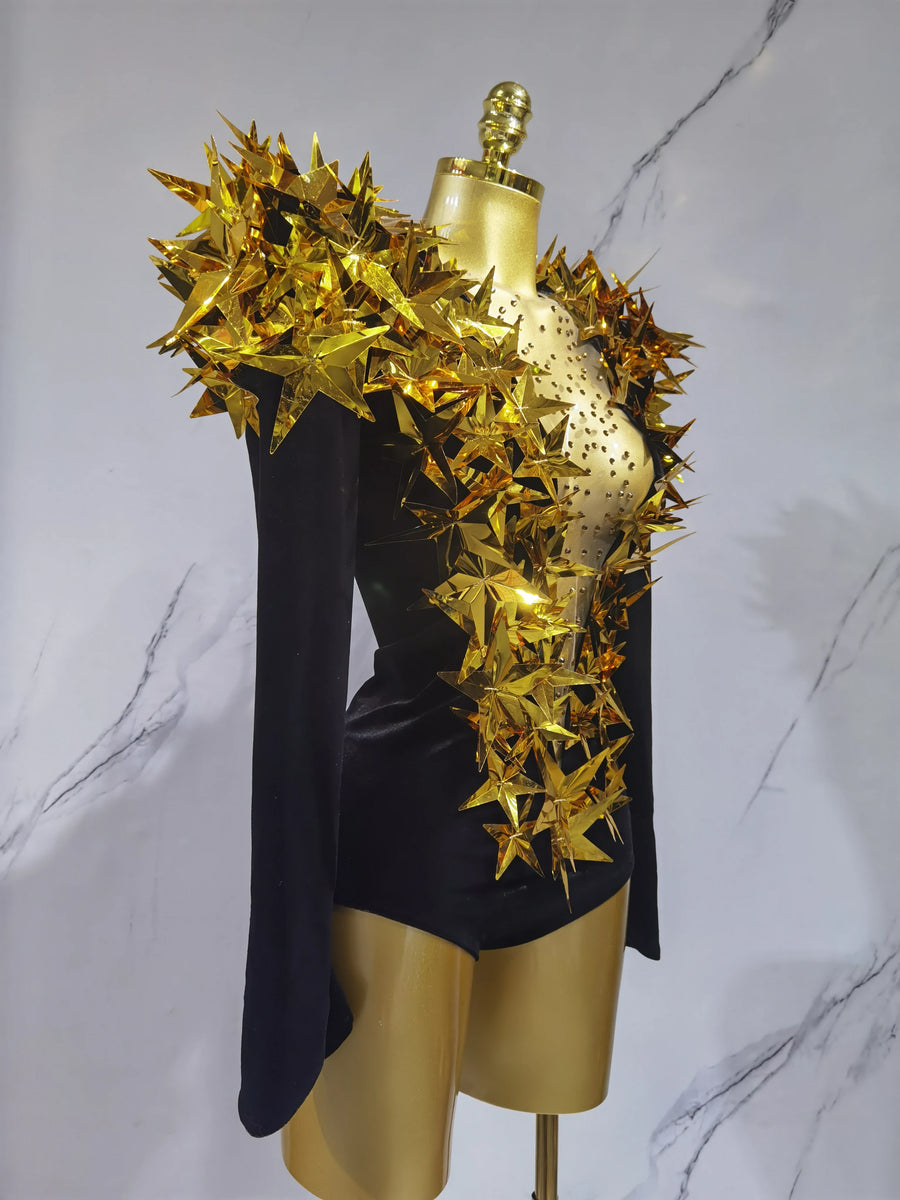 Shiny Gold Rhinestone Black Velvet Drag Queen Long Sleeve Bodysuit