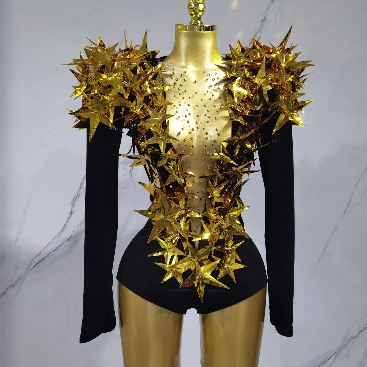 Shiny Gold Rhinestone Black Velvet Drag Queen Long Sleeve Bodysuit