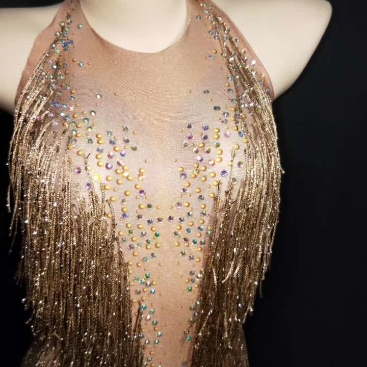 ASONDJ Pink Sparkly Drag Queen Bodysuit For Women Rhinestone Long