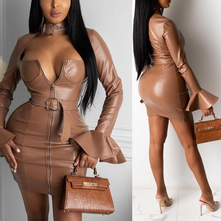 Women Sexy PU Leather Dress