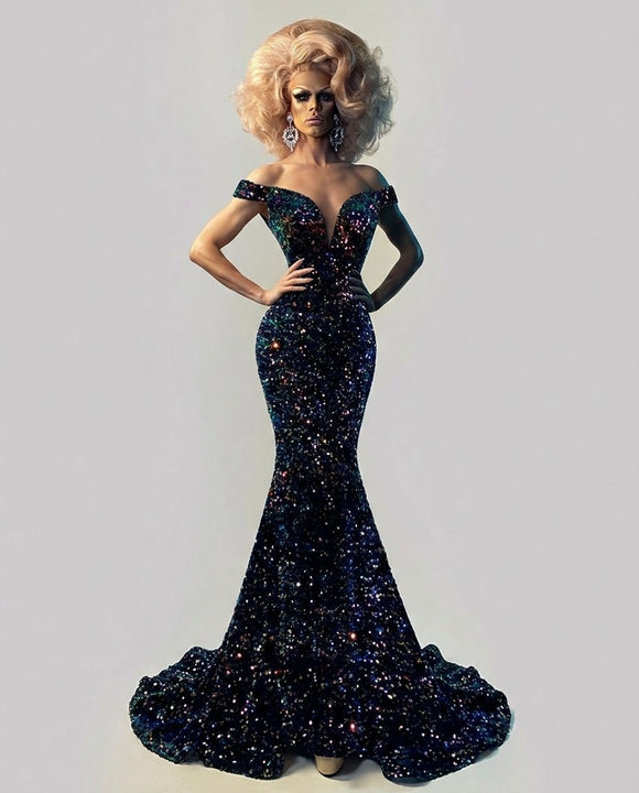 Sequin Drag Queen Gowns Drag Queen Black/Gold Sequin LONG Dress, Cape Sleeves Beige/brown Feathers