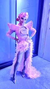 Zola - Pink Long Sleeve Sparkly Rhinestones Velvet Feather Train Dress-Queenofdrag.com