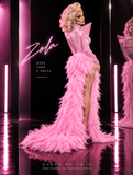 Zola - Long Sleeve Sparkly Rhinestones Velvet Feather Train Dress-Queenofdrag.com