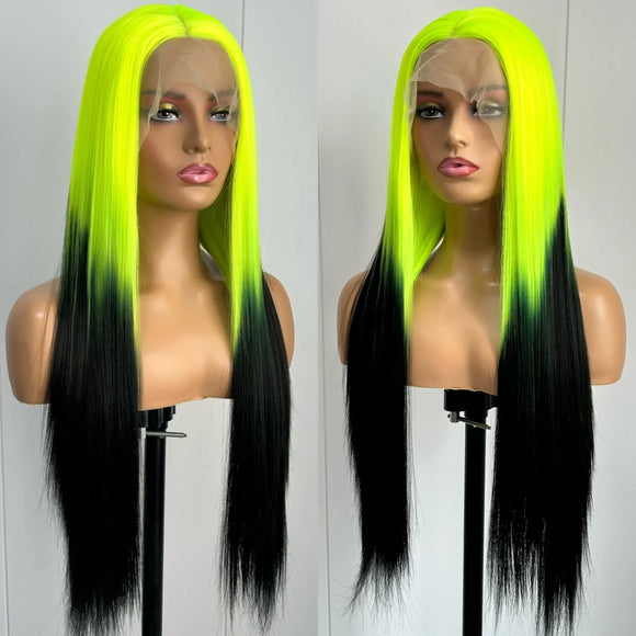 Black with Neon Green Roots Long Silky Lace Front Drag Queen Wig-Queenofdrag.com