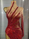 Flora - Red Sparkly Rhinestones One Sleeve Mesh See Through Bodycon Long Drag Queen Dress-Queenofdrag.com