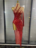 Flora - Red Sparkly Rhinestones One Sleeve Mesh See Through Bodycon Long Drag Queen Dress-Queenofdrag.com