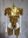 Shiny Gold Rhinestone Black Velvet Drag Queen Long Sleeve Bodysuit-Queenofdrag.com