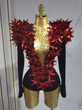 Shiny Gold Rhinestone Black Velvet Drag Queen Long Sleeve Bodysuit-Queenofdrag.com