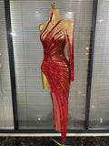 Flora - Red Sparkly Rhinestones One Sleeve Mesh See Through Bodycon Long Drag Queen Dress-Queenofdrag.com