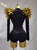 Shiny Gold Rhinestone Black Velvet Drag Queen Long Sleeve Bodysuit-Queenofdrag.com