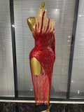 Flora - Red Sparkly Rhinestones One Sleeve Mesh See Through Bodycon Long Drag Queen Dress-Queenofdrag.com