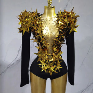Shiny Gold Rhinestone Black Velvet Drag Queen Long Sleeve Bodysuit
