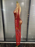 Flora - Red Sparkly Rhinestones One Sleeve Mesh See Through Bodycon Long Drag Queen Dress-Queenofdrag.com