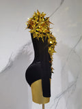 Shiny Gold Rhinestone Black Velvet Drag Queen Long Sleeve Bodysuit-Queenofdrag.com