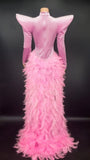 Zola - Pink Long Sleeve Sparkly Rhinestones Velvet Feather Train Dress-Queenofdrag.com