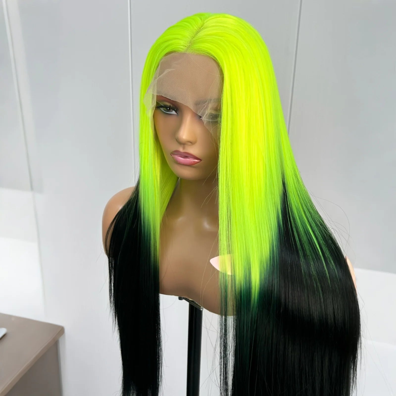 Black with Neon Green Roots Long Silky Lace Front Drag Queen Wig