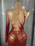 Flora - Red Sparkly Rhinestones One Sleeve Mesh See Through Bodycon Long Drag Queen Dress-Queenofdrag.com