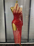 Flora - Red Sparkly Rhinestones One Sleeve Mesh See Through Bodycon Long Drag Queen Dress-Queenofdrag.com