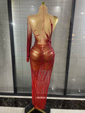 Flora - Red Sparkly Rhinestones One Sleeve Mesh See Through Bodycon Long Drag Queen Dress-Queenofdrag.com