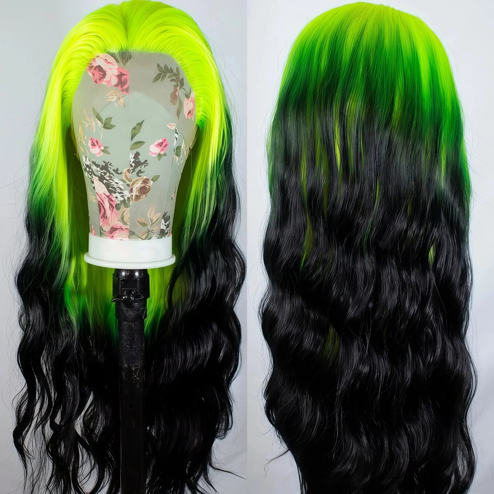 Black with Neon Green Roots Long Silky Lace Front Drag Queen Wig display picture 2