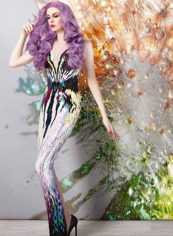 drag queen sequin dress Fuchsia Butterfly Sequin Drag Queen Dress with Flowing Wing Sleeves