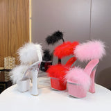 Oh la la - 4 Color Feather Thick High Heel Drag Queen Platform Sandals-Queenofdrag.com