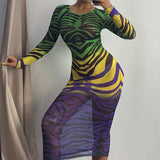 Hologram Tiger - Long Sleeve Printed Mesh See Through Drag Queen Dress-Queenofdrag.com
